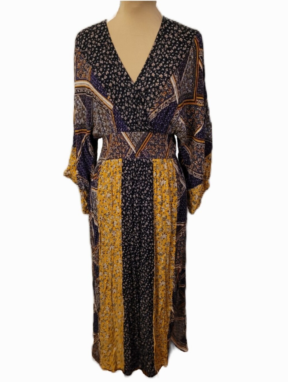 Sz S Boho Floral Patchwork Maxi Dress in Navy and Mustard
